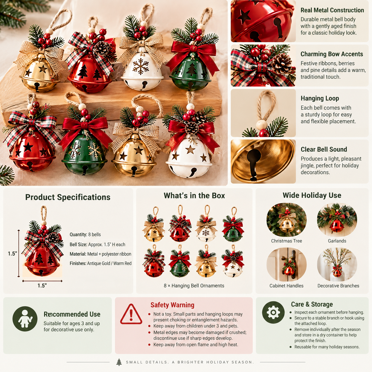 Inskvlxo™ MerryChime Mini Metal Bell Hanging Ornament Set – Christmas Bells with Bow Accents, 8-Piece Holiday Decor Set