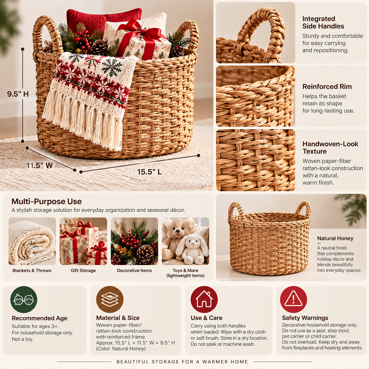 Inskvlxo™ HearthWeave Holiday Wicker Storage Basket – Decorative Woven Blanket, Gift & Entryway Basket
