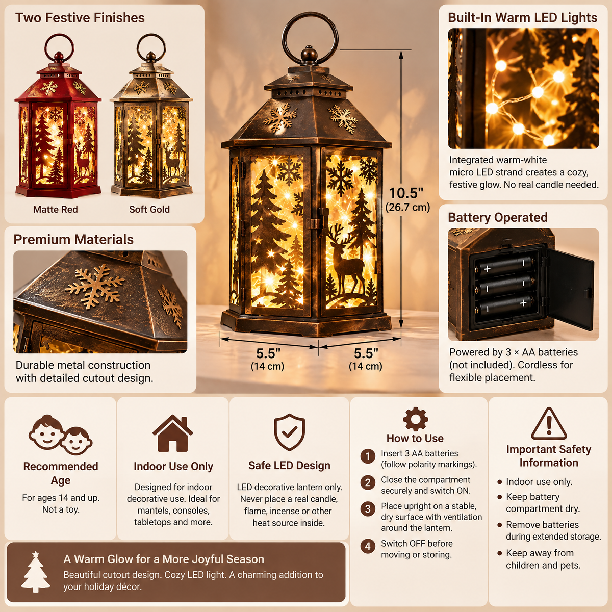 Inskvlxo™ GlowCut Holiday Lantern – Decorative Cutout Lantern with Built-In Warm LED String Lights