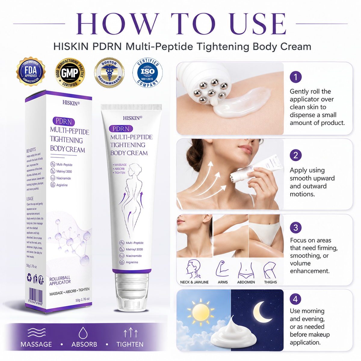 HISKIN® PDRN Multi-Peptide Massaging Body Roller Cream- Anti-aging, Hydrating, Skin Firming & Lifting, Skin Repair, Even Tone, Acne and Dark Spot Treatment, Wart and Mole Removal, and Psoriasis Relief.