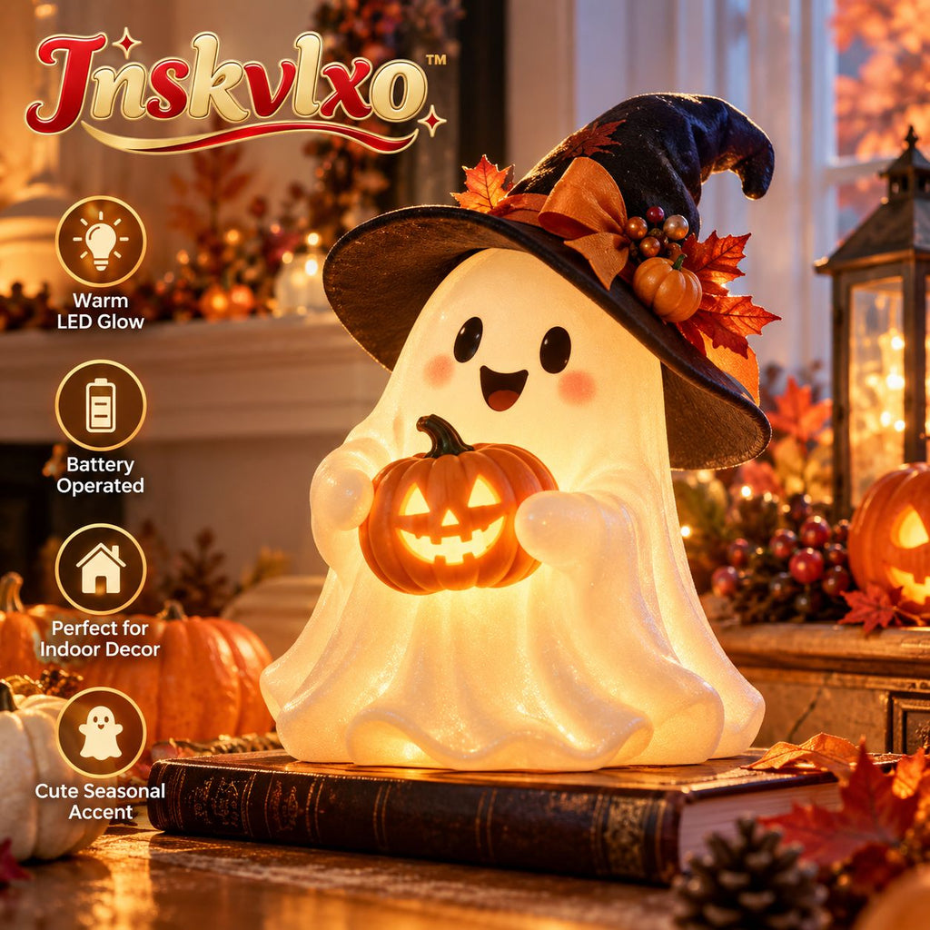 Inskvlxo™ GlowBoo Lighted Ghost Tabletop Decor – Cute Halloween LED Ghost Accent, Battery-Operated Mantel & Shelf Decoration