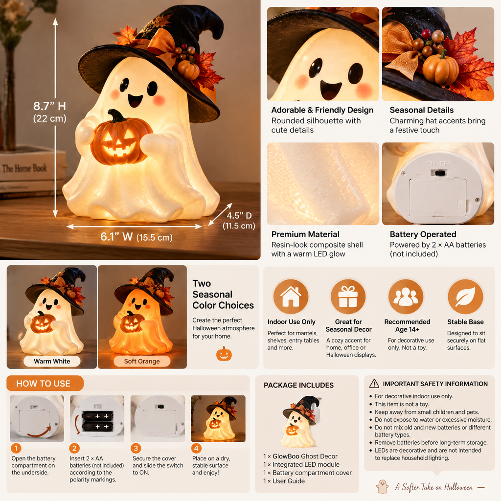 Inskvlxo™ GlowBoo Lighted Ghost Tabletop Decor – Cute Halloween LED Ghost Accent, Battery-Operated Mantel & Shelf Decoration