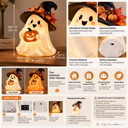 Inskvlxo™ GlowBoo Lighted Ghost Tabletop Decor – Cute Halloween LED Ghost Accent, Battery-Operated Mantel & Shelf Decoration