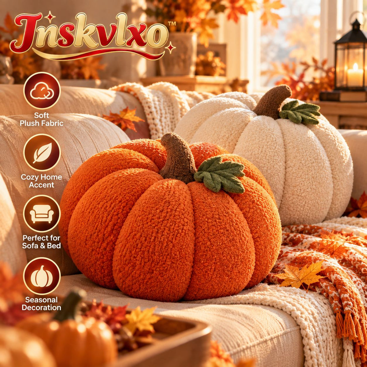 Inskvlxo™ HarvestHug Pumpkin Throw Pillow – Plush Halloween Pumpkin Decorative Cushion for Sofa, Bed & Accent Chair