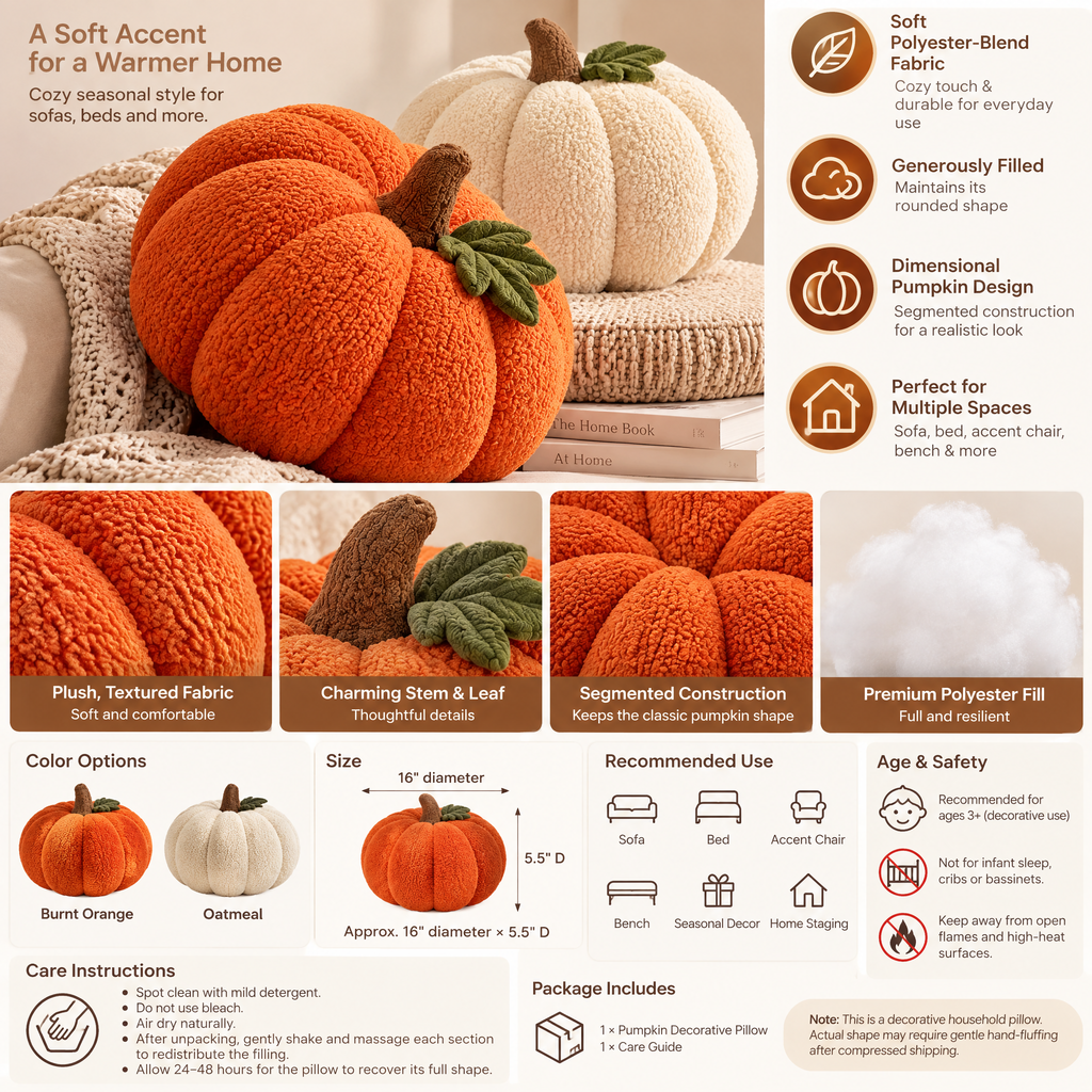 Inskvlxo™ HarvestHug Pumpkin Throw Pillow – Plush Halloween Pumpkin Decorative Cushion for Sofa, Bed & Accent Chair