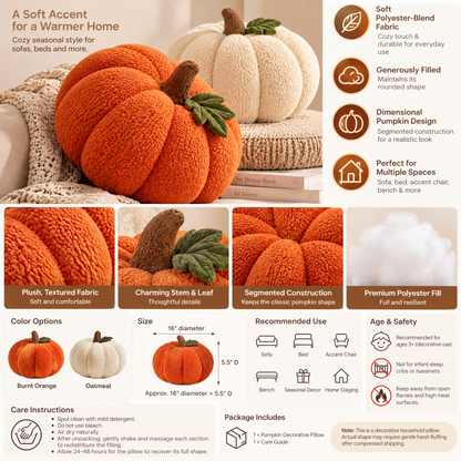 Inskvlxo™ HarvestHug Pumpkin Throw Pillow – Plush Halloween Pumpkin Decorative Cushion for Sofa, Bed & Accent Chair