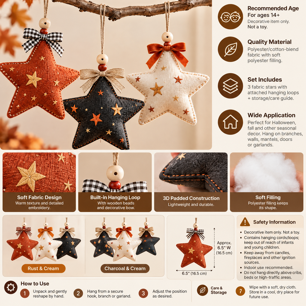 Inskvlxo™ StarlitForm 3D Fabric Star Hanging Ornaments – Soft Sculpted Halloween & Fall Hanging Decor, Set of 3