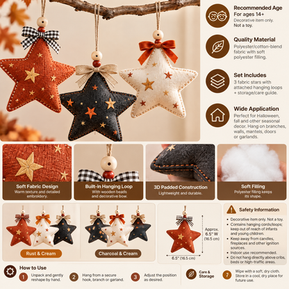 Inskvlxo™ StarlitForm 3D Fabric Star Hanging Ornaments – Soft Sculpted Halloween & Fall Hanging Decor, Set of 3