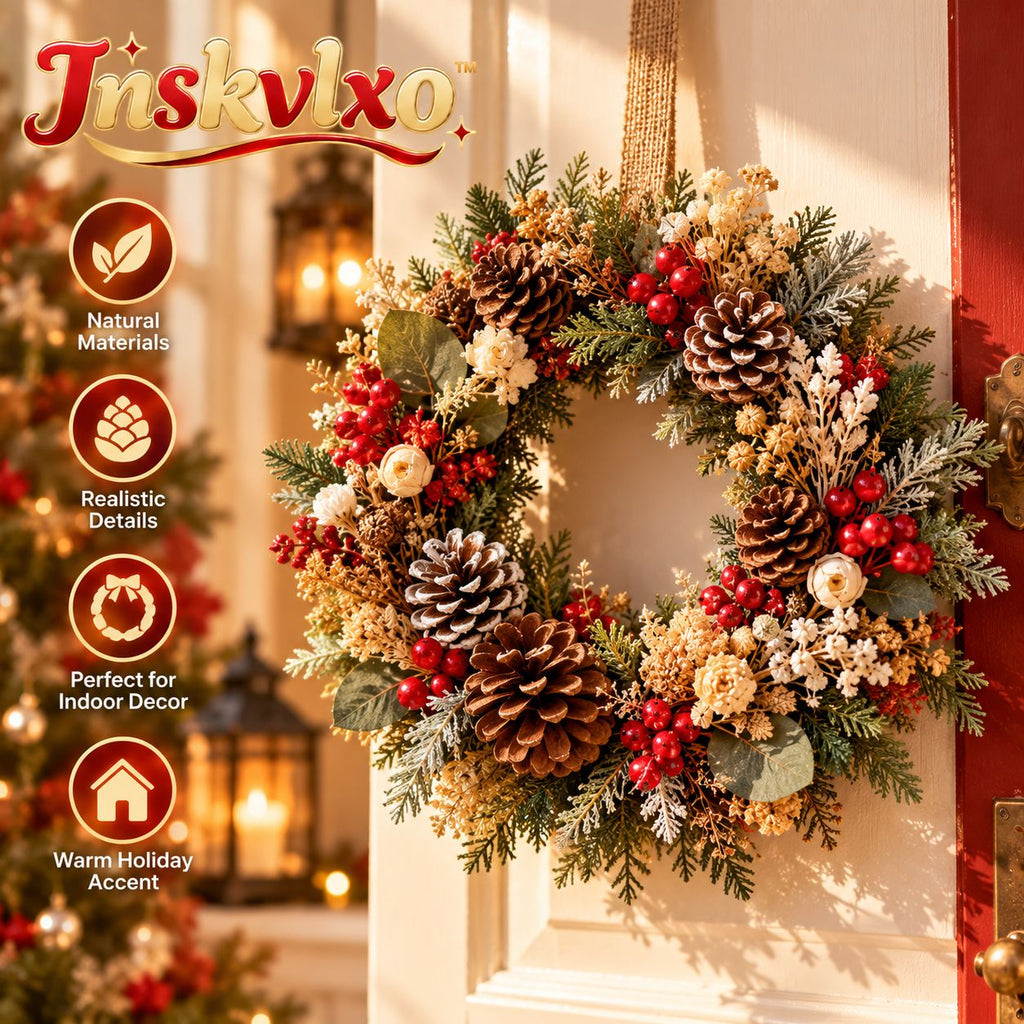 Inskvlxo™ Pine & Petal Mini Dried Floral Pinecone Christmas Wreath – Natural Holiday Wall, Window & Cabinet Decor
