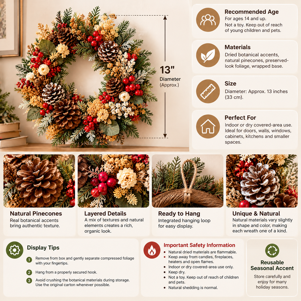 Inskvlxo™ Pine & Petal Mini Dried Floral Pinecone Christmas Wreath – Natural Holiday Wall, Window & Cabinet Decor