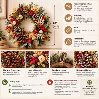 Inskvlxo™ Pine & Petal Mini Dried Floral Pinecone Christmas Wreath – Natural Holiday Wall, Window & Cabinet Decor