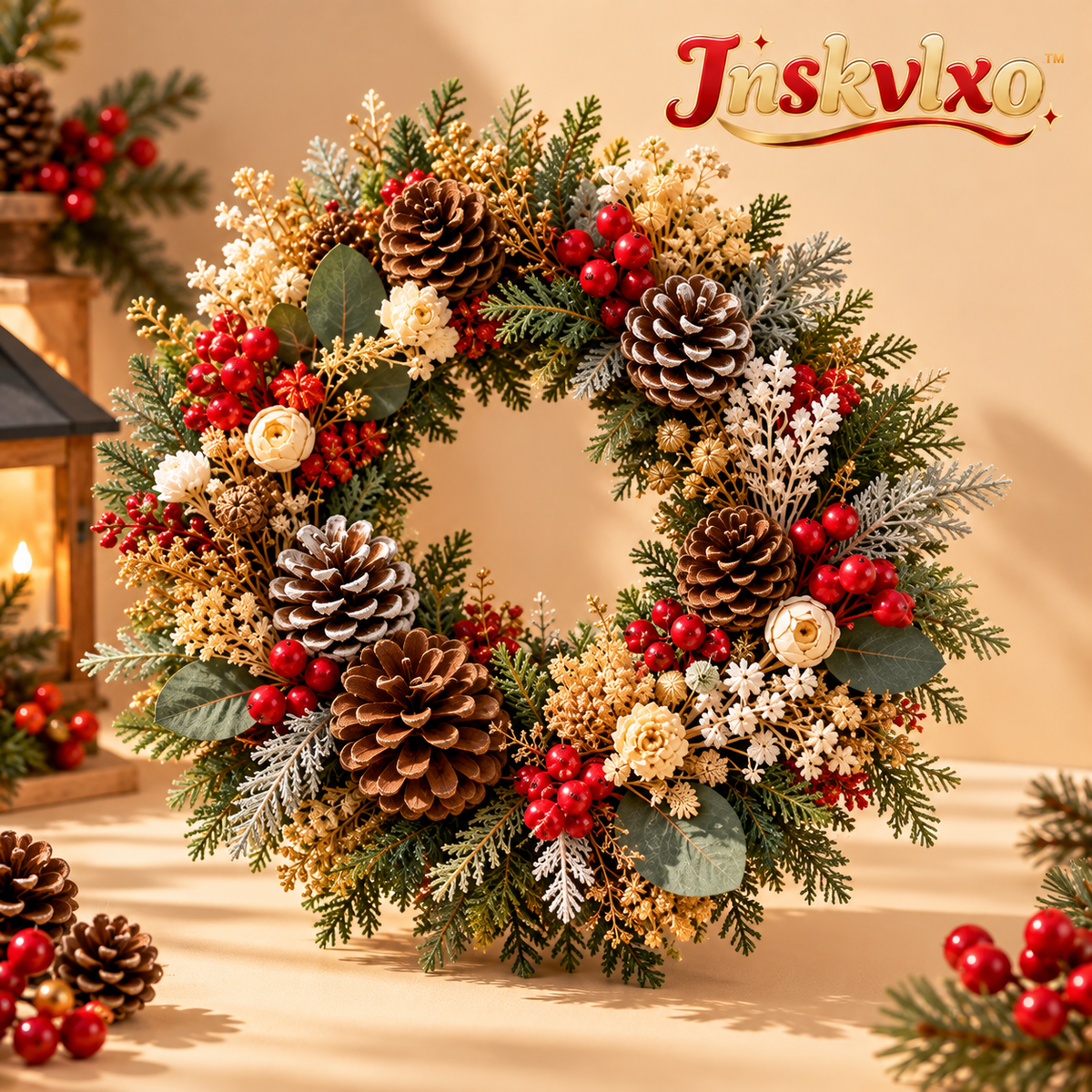 Inskvlxo™ Pine & Petal Mini Dried Floral Pinecone Christmas Wreath – Natural Holiday Wall, Window & Cabinet Decor