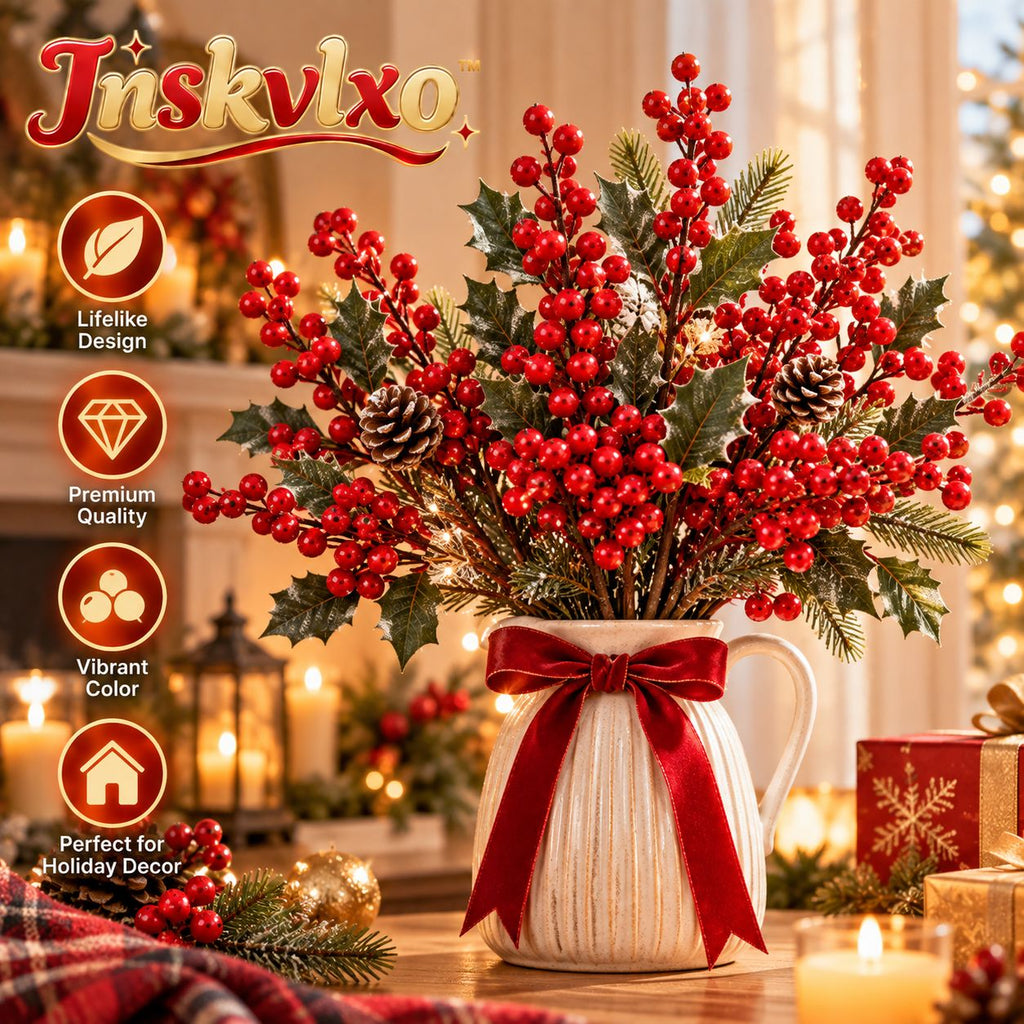 Inskvlxo™ WinterBerry Faux Holly Berry Stems – Artificial Christmas Botanical Branches for Vase, Mantel & Holiday Arrangements, Set of 6
