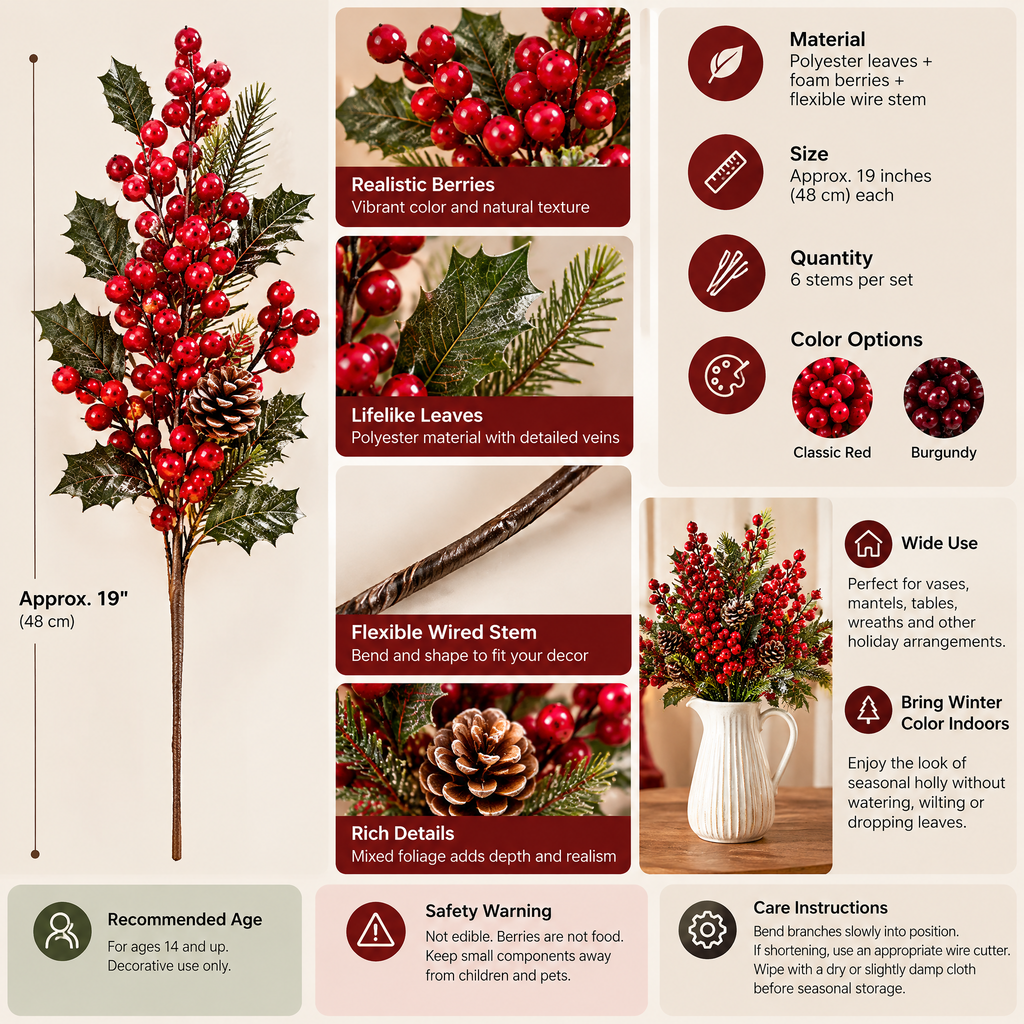 Inskvlxo™ WinterBerry Faux Holly Berry Stems – Artificial Christmas Botanical Branches for Vase, Mantel & Holiday Arrangements, Set of 6
