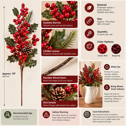 Inskvlxo™ WinterBerry Faux Holly Berry Stems – Artificial Christmas Botanical Branches for Vase, Mantel & Holiday Arrangements, Set of 6