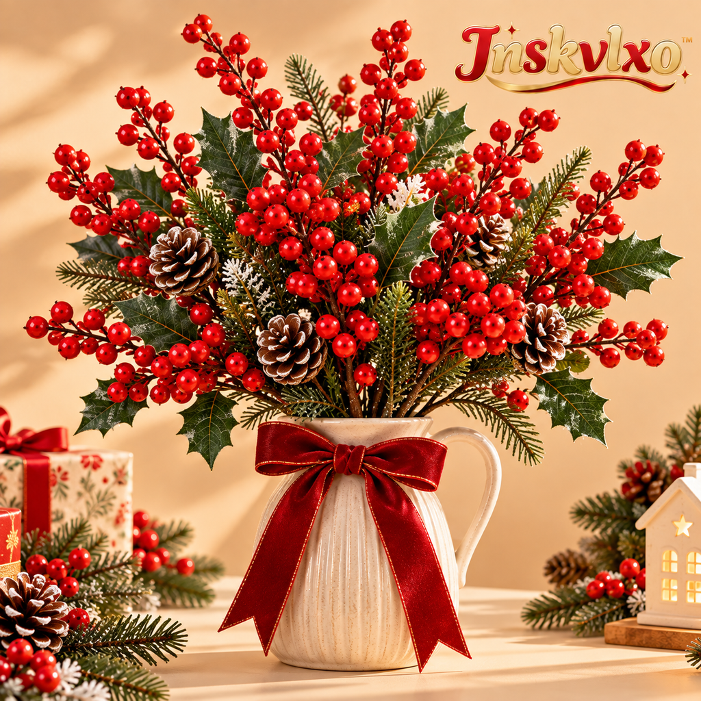 Inskvlxo™ WinterBerry Faux Holly Berry Stems – Artificial Christmas Botanical Branches for Vase, Mantel & Holiday Arrangements, Set of 6