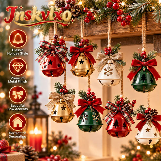 Inskvlxo™ MerryChime Mini Metal Bell Hanging Ornament Set – Christmas Bells with Bow Accents, 8-Piece Holiday Decor Set