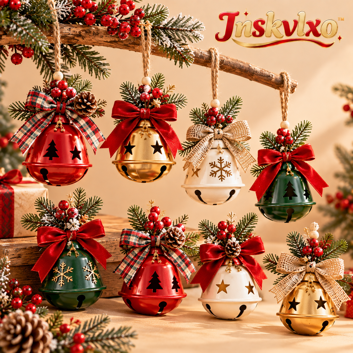 Inskvlxo™ MerryChime Mini Metal Bell Hanging Ornament Set – Christmas Bells with Bow Accents, 8-Piece Holiday Decor Set