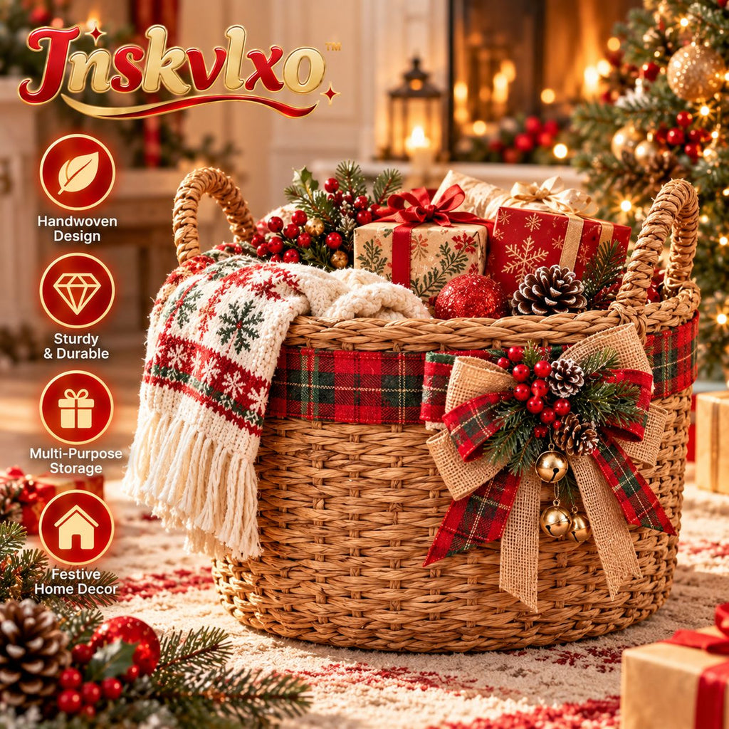 Inskvlxo™ HearthWeave Holiday Wicker Storage Basket – Decorative Woven Blanket, Gift & Entryway Basket