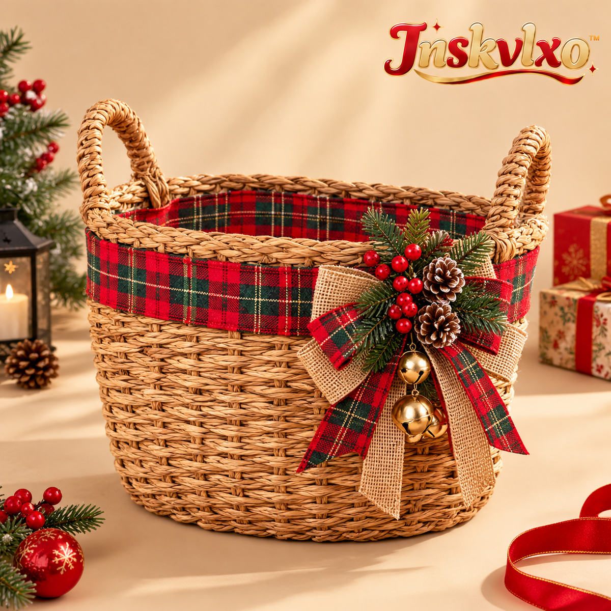 Inskvlxo™ HearthWeave Holiday Wicker Storage Basket – Decorative Woven Blanket, Gift & Entryway Basket