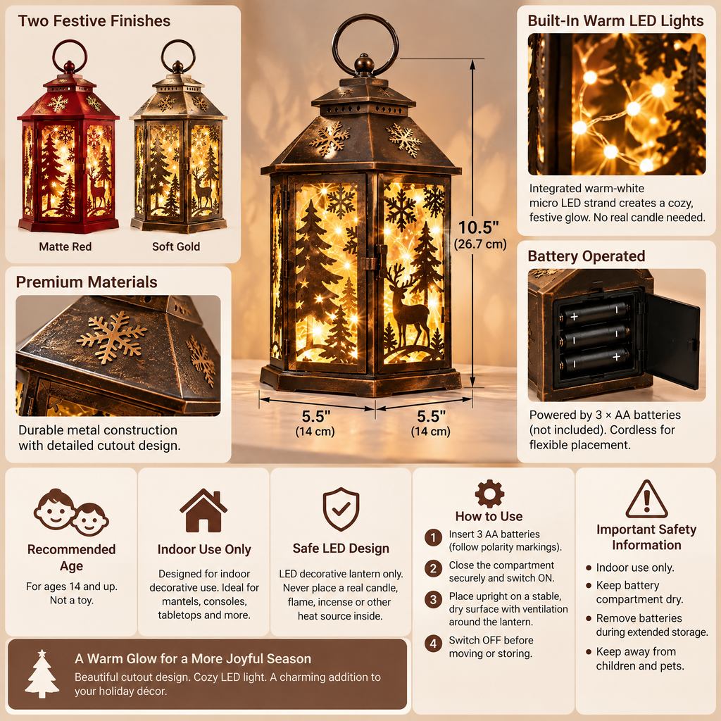 Inskvlxo™ GlowCut Holiday Lantern – Decorative Cutout Lantern with Built-In Warm LED String Lights