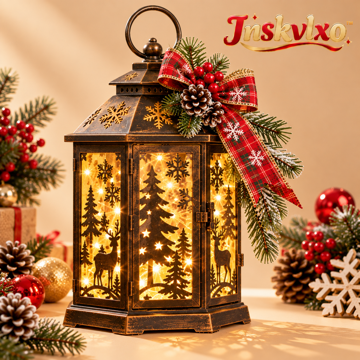 Inskvlxo™ GlowCut Holiday Lantern – Decorative Cutout Lantern with Built-In Warm LED String Lights
