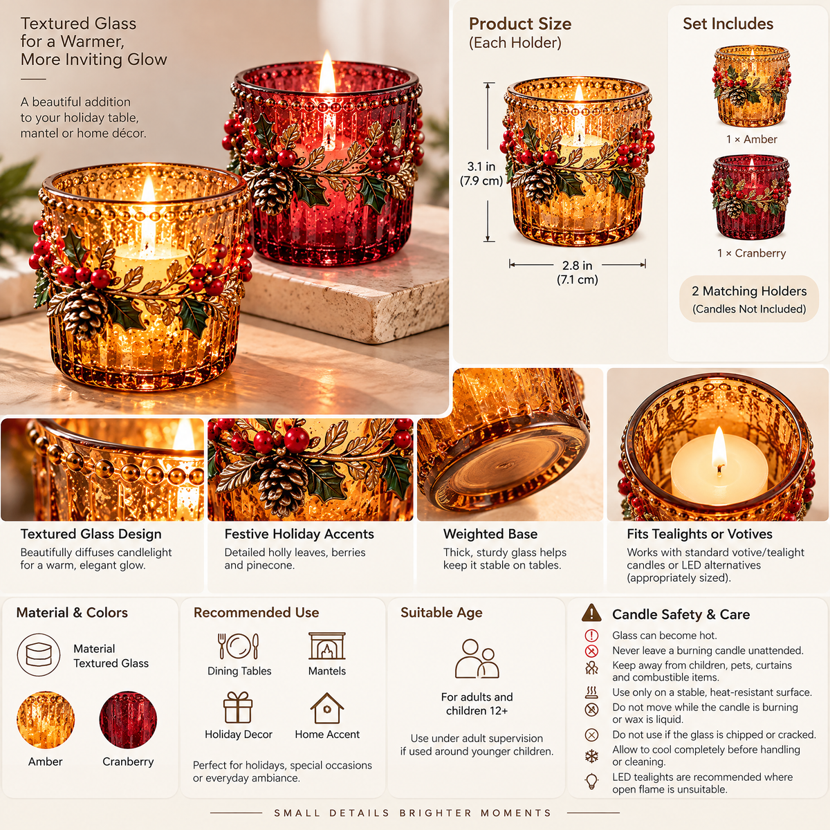 Inskvlxo™ AmberGlow Vintage Glass Votive Candle Cups – Textured Holiday Tealight Holders, Set of 2