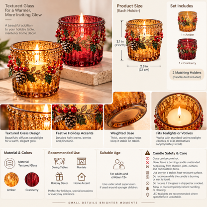 Inskvlxo™ AmberGlow Vintage Glass Votive Candle Cups – Textured Holiday Tealight Holders, Set of 2