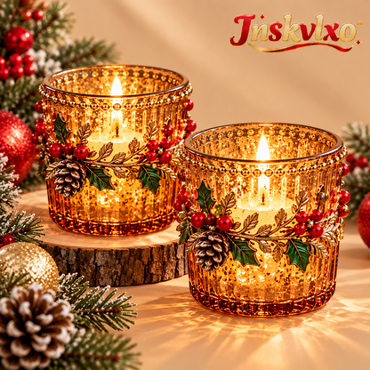 Inskvlxo™ AmberGlow Vintage Glass Votive Candle Cups – Textured Holiday Tealight Holders, Set of 2