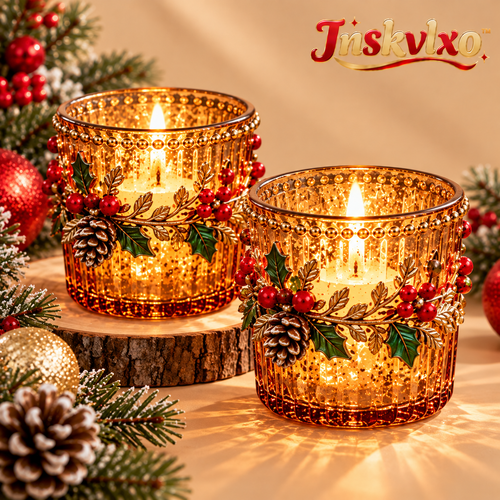 Inskvlxo™ AmberGlow Vintage Glass Votive Candle Cups – Textured Holiday Tealight Holders, Set of 2