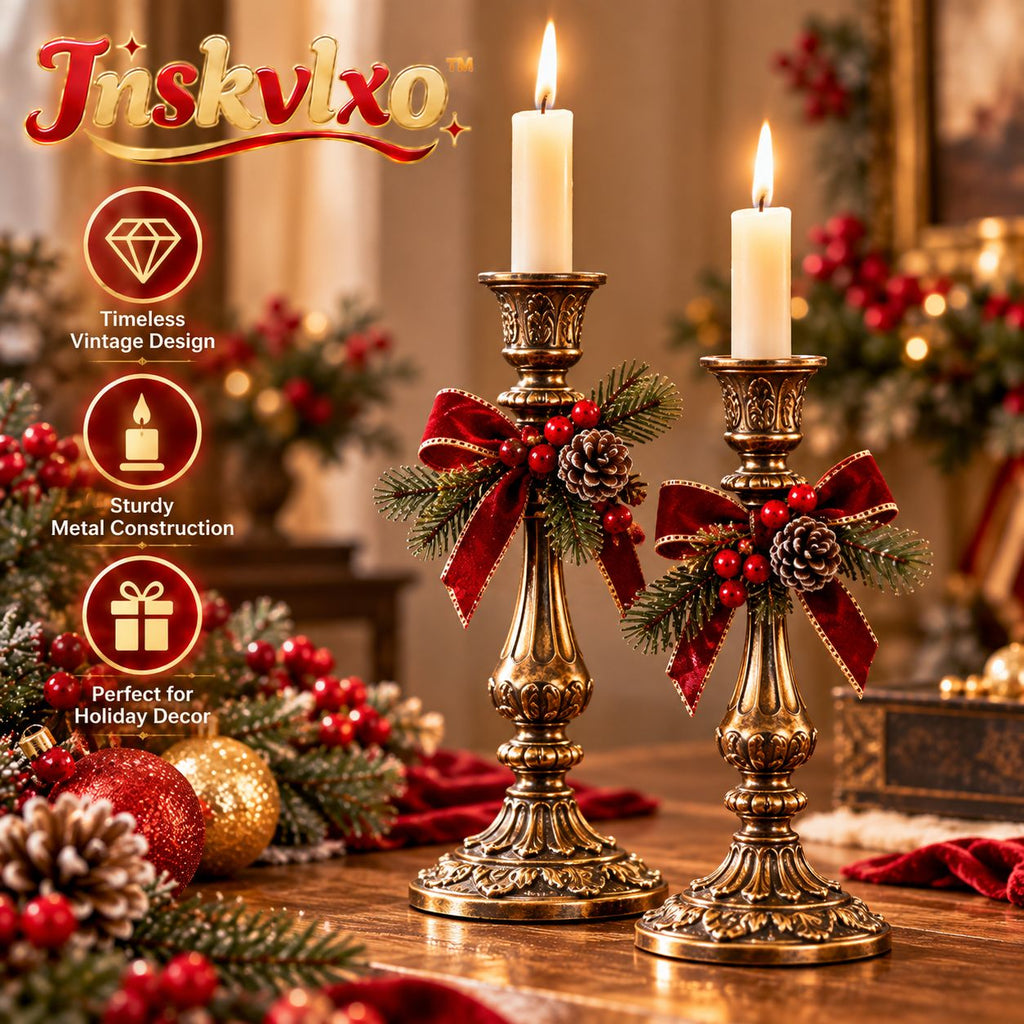 Inskvlxo™ HeritageArc Vintage Metal Taper Candle Holders – Classic Holiday Candlestick Pair