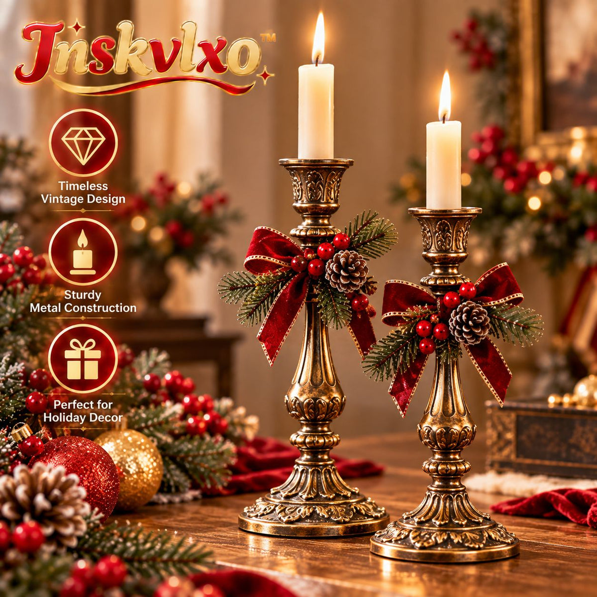 Inskvlxo™ HeritageArc Vintage Metal Taper Candle Holders – Classic Holiday Candlestick Pair