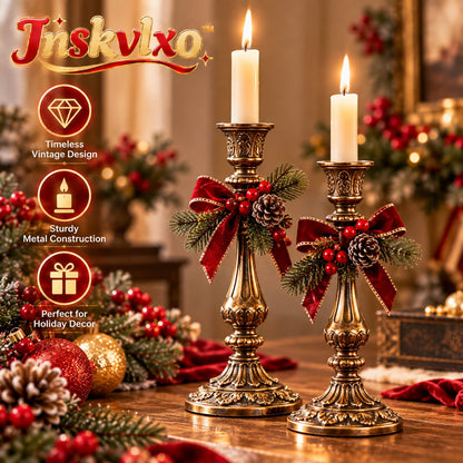 Inskvlxo™ HeritageArc Vintage Metal Taper Candle Holders – Classic Holiday Candlestick Pair