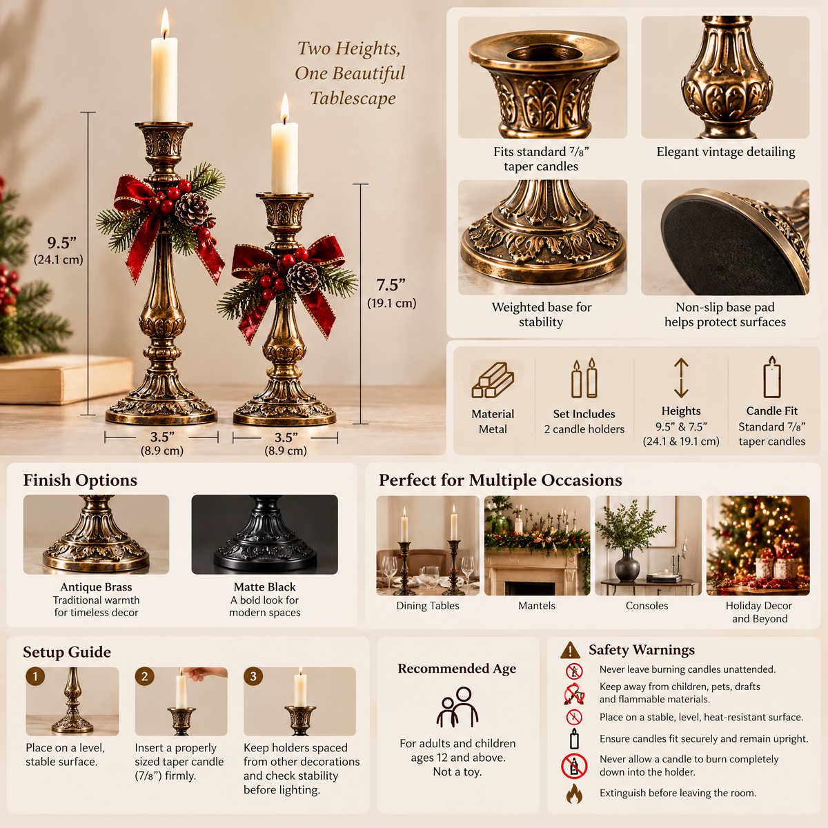 Inskvlxo™ HeritageArc Vintage Metal Taper Candle Holders – Classic Holiday Candlestick Pair