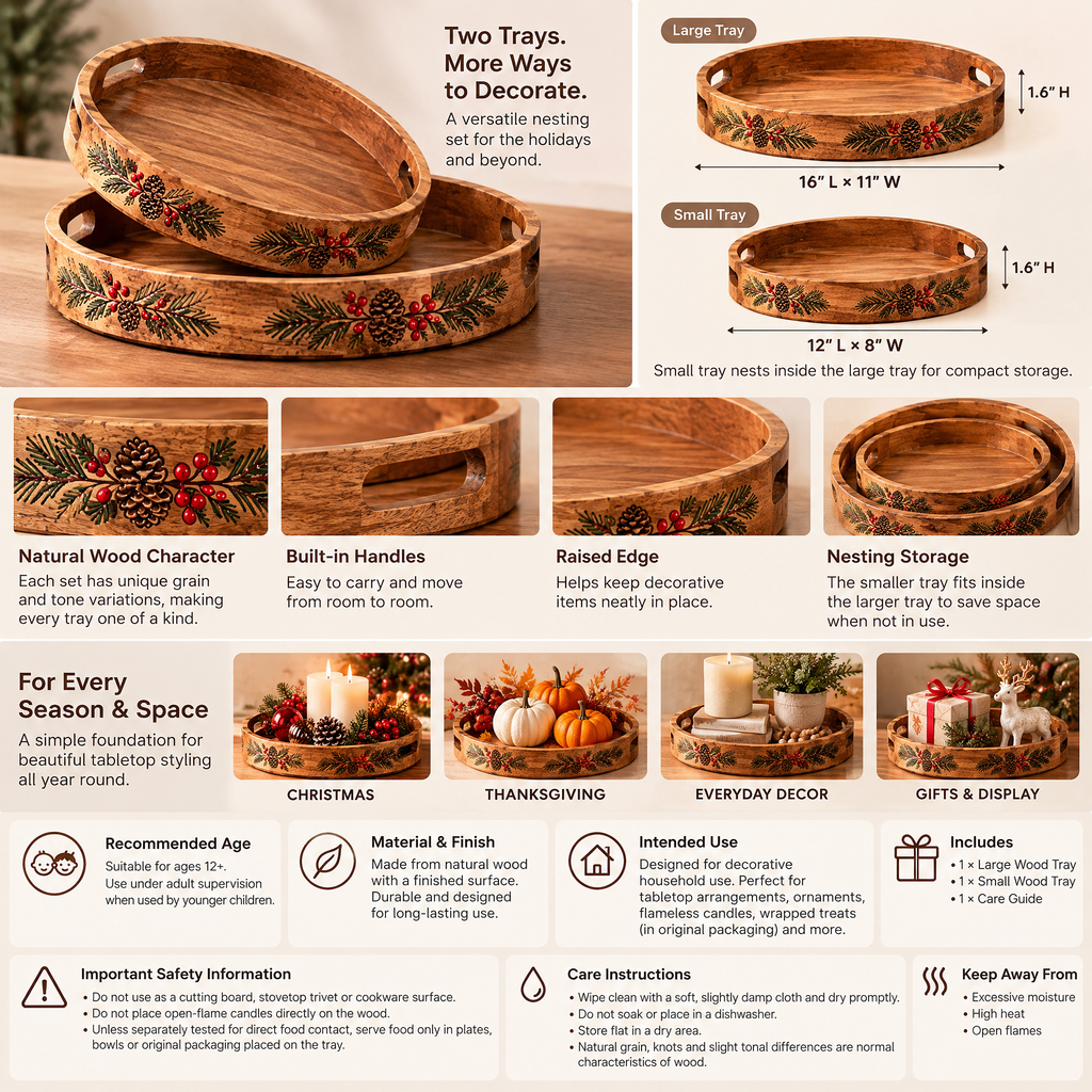 Inskvlxo™ GatherBoard Wooden Holiday Serving & Decorative Tray Set – Natural Wood Nesting Trays, Set of 2