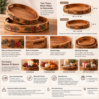 Inskvlxo™ GatherBoard Wooden Holiday Serving & Decorative Tray Set – Natural Wood Nesting Trays, Set of 2